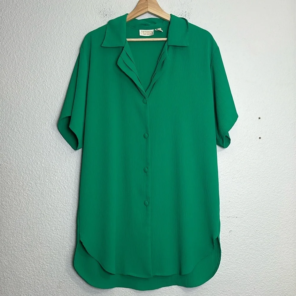 VTG Victoria's Secret‎ Gold Label Top Green Short Sleeve Button Down Gauzy READ